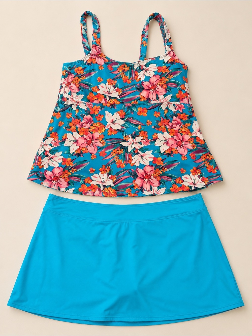Lands’ End • Turquoise Lily Palm Floral Skirted Tankini Swim Set • 14/16 18L